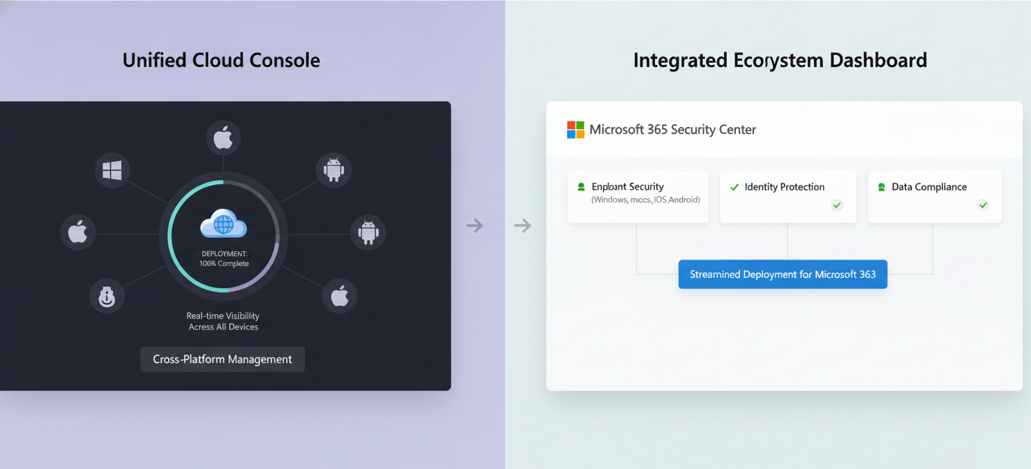 A visual representation of different security management consoles, highlighting cross-platform support and deployment flexibility. One side shows a unified console managing diverse operating systems, while the other emphasizes integration within a specific ecosystem like Microsoft 365.