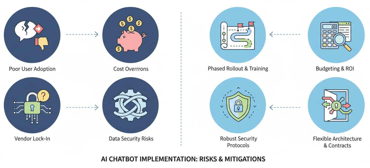 A visual representation of key risks in AI chatbot implementation, such as poor user adoption, cost overruns, data security concerns, and vendor lock-in, each paired with an icon depicting a corresponding mitigation strategy to ensure project success.