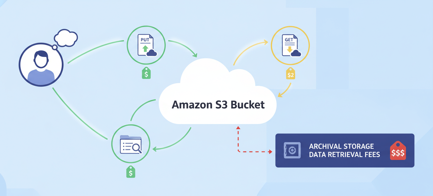 A visual representation of S3 request and data retrieval costs. It illustrates common API operations like PUT, GET, and LIST, indicating that each incurs a cost. The image also highlights the additional data retrieval fees associated with accessing data from infrequent access or archival storage classes.