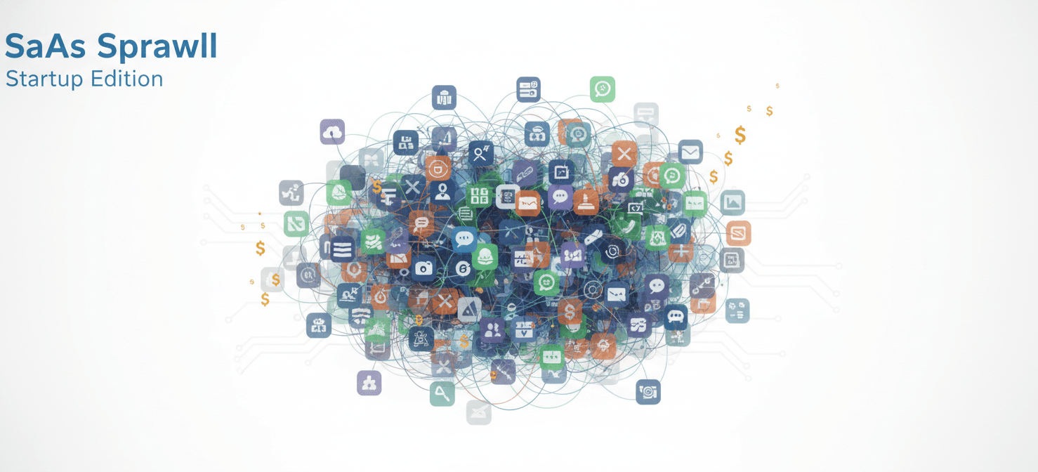 A visual representation of SaaS sprawl, depicting numerous overlapping and redundant software application icons forming a chaotic network. Some icons appear unused or forgotten, symbolizing 'shelfware' and the hidden costs associated with unmanaged software subscriptions in a fast-paced startup environment.