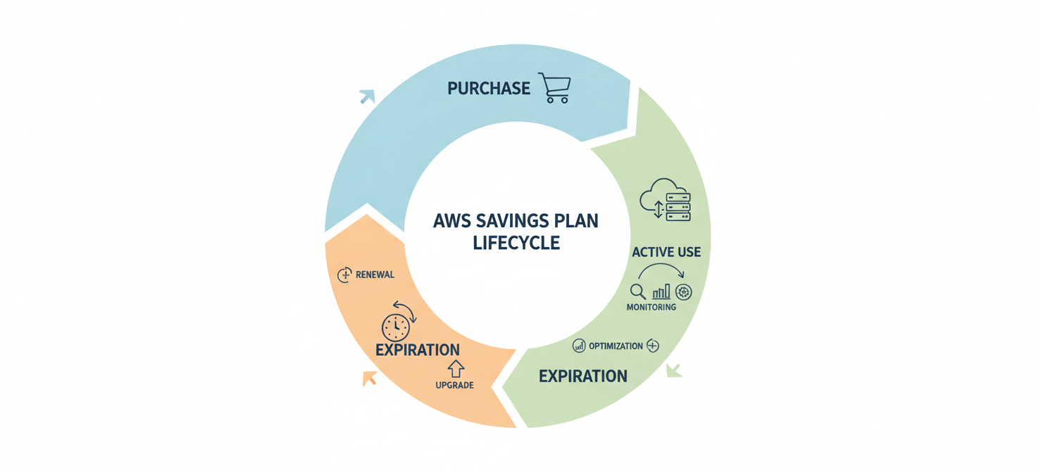 A visual representation of the AWS Savings Plan lifecycle, detailing the stages from initial purchase through active utilization to eventual expiration, emphasizing the need for continuous management.
