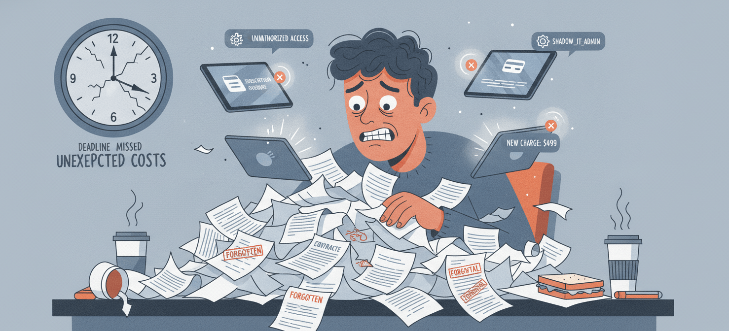 A visual representation of the challenges in SaaS management, depicting a person overwhelmed by a jumble of digital alerts and physical contracts, highlighting the common issues of decentralized purchasing, shadow IT, and missed auto-renewal deadlines that lead to unexpected costs and wasted spending.