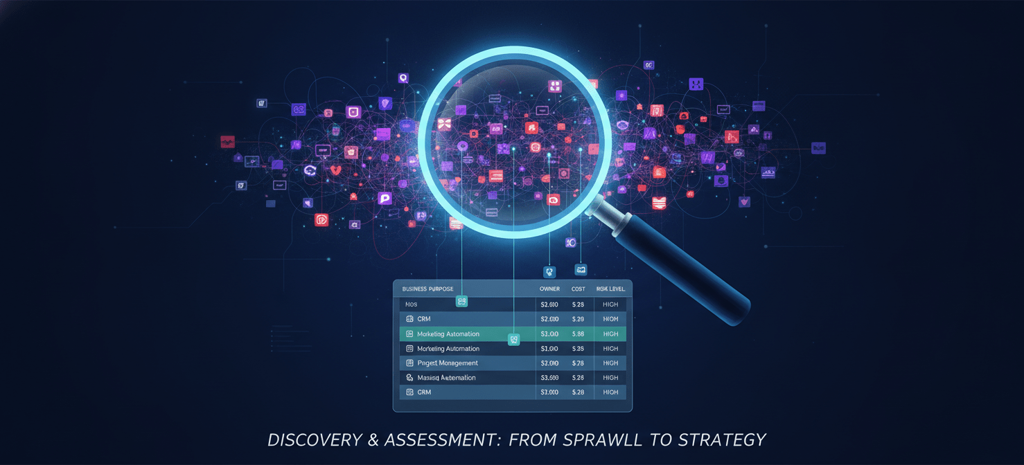 A visual representation of the discovery and assessment process for shadow IT, showing a magnifying glass illuminating a previously hidden network of digital tools. Below, a structured inventory list or dashboard categorizes each tool by its business purpose, owner, cost, and risk level, illustrating the systematic approach to gaining visibility and understanding of unsanctioned software.