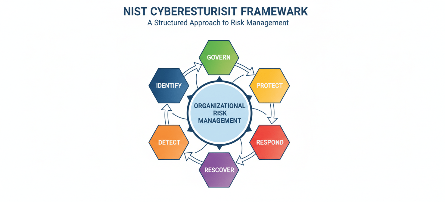 A visual representation of the NIST Cybersecurity Framework, showing its core functions: Govern, Identify, Protect, Detect, Respond, and Recover, as a structured approach to managing organizational cybersecurity risk.