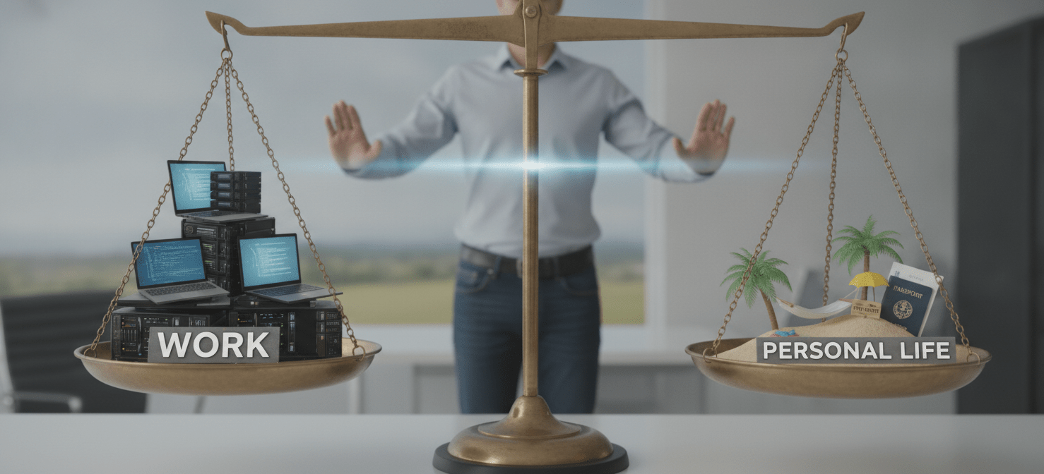A visual representation of work-life balance for a sole IT person, showing boundaries between professional duties and personal well-being, including time off, continuous learning, and knowing when to seek external help, all part of effective sole IT person best practices.