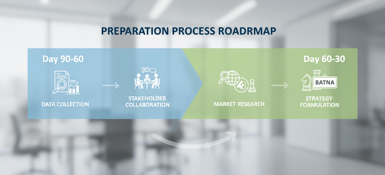 A visual roadmap illustrating the 90-day pre-negotiation preparation process for SaaS renewals, detailing phases for data collection, stakeholder alignment, market analysis, and identifying alternatives.