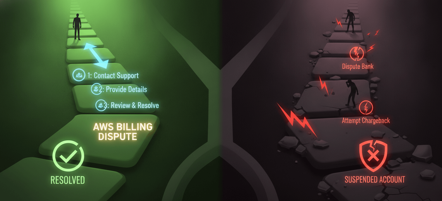 A visual summary comparing two paths for an aws billing dispute: the recommended official AWS support process leading to resolution, versus the risky chargeback path leading to account suspension.