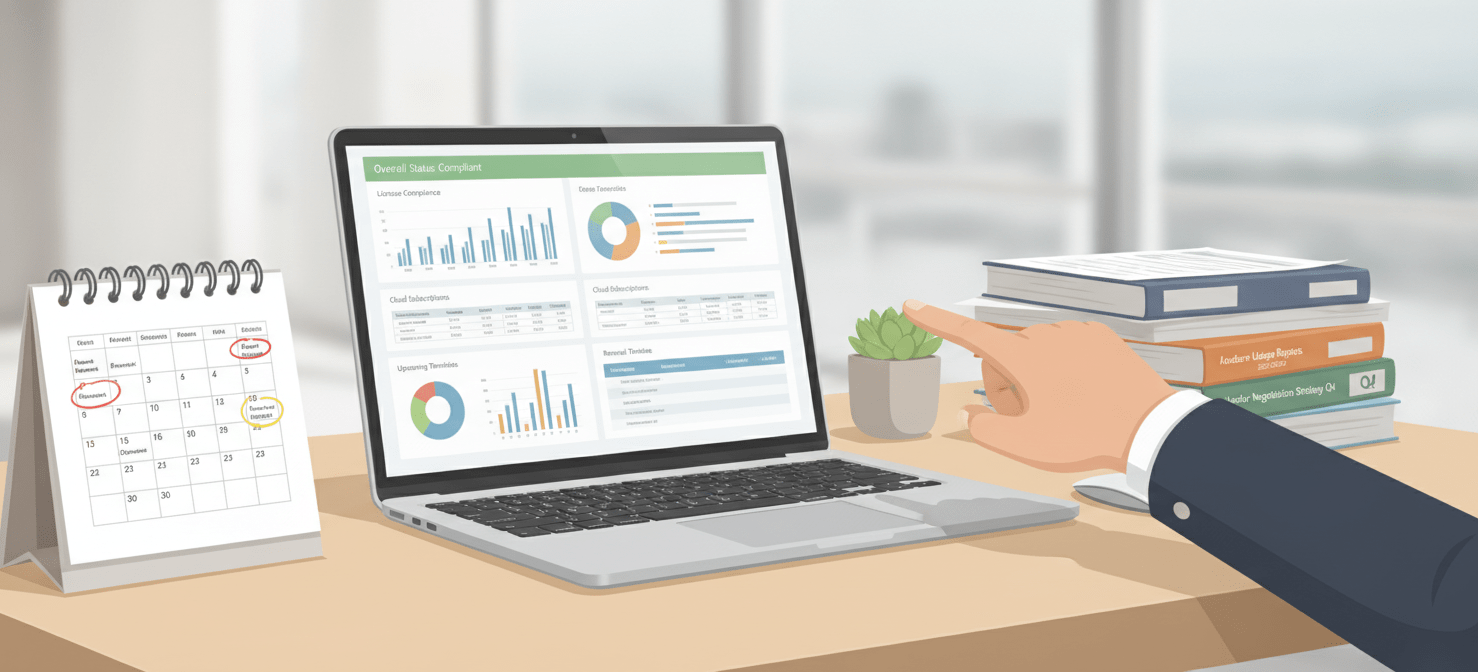 A visual summary of effective software cost management, showing a desk with a SAM dashboard, a renewal calendar, and usage reports, emphasizing the importance of data-driven, proactive strategies for controlling software expenses.