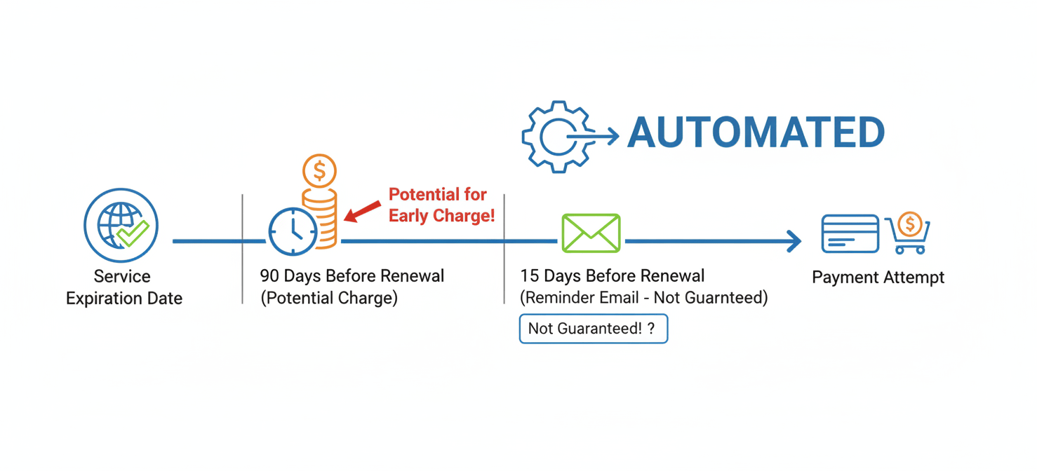 A visual timeline illustrating the Network Solutions auto-renewal system, highlighting key dates like 90 days before expiration for potential charges and the non-guaranteed 15-day reminder email, explaining how services are automatically renewed.