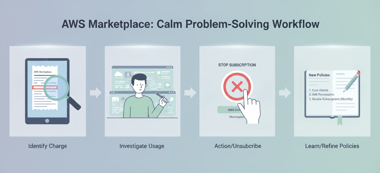 A visual workflow illustrating the steps to respond to unexpected AWS Marketplace charges. It depicts identifying the specific charge, investigating its usage, taking immediate action like unsubscribing, and conducting a post-mortem to refine governance and monitoring processes for future prevention.