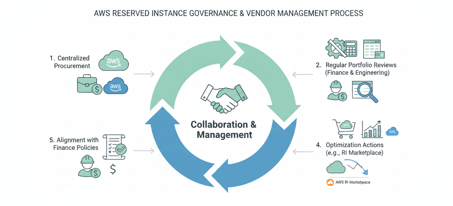 A workflow diagram depicting the essential steps for effective governance and vendor management of AWS Reserved Instances. It illustrates a continuous process involving centralized procurement, regular reviews of RI utilization and coverage reports, optimization actions like selling unused RIs on the marketplace, and ensuring alignment with corporate financial policies and capital expenditure controls.