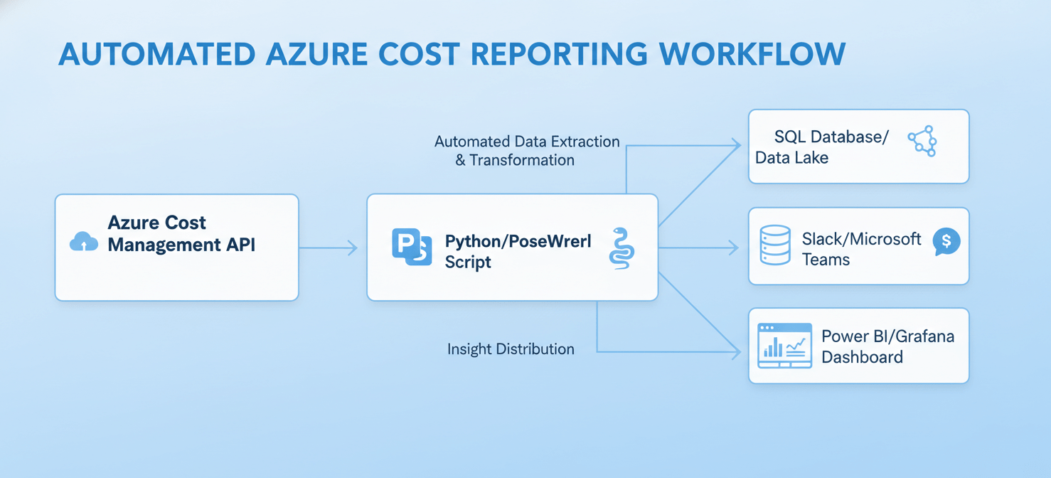 A workflow diagram illustrating the automation of Azure cost reporting. It depicts data flowing from the Azure Cost Management API through a script to various destinations like databases, communication platforms, and custom dashboards, highlighting how programmatic access enables efficient data distribution and analysis.