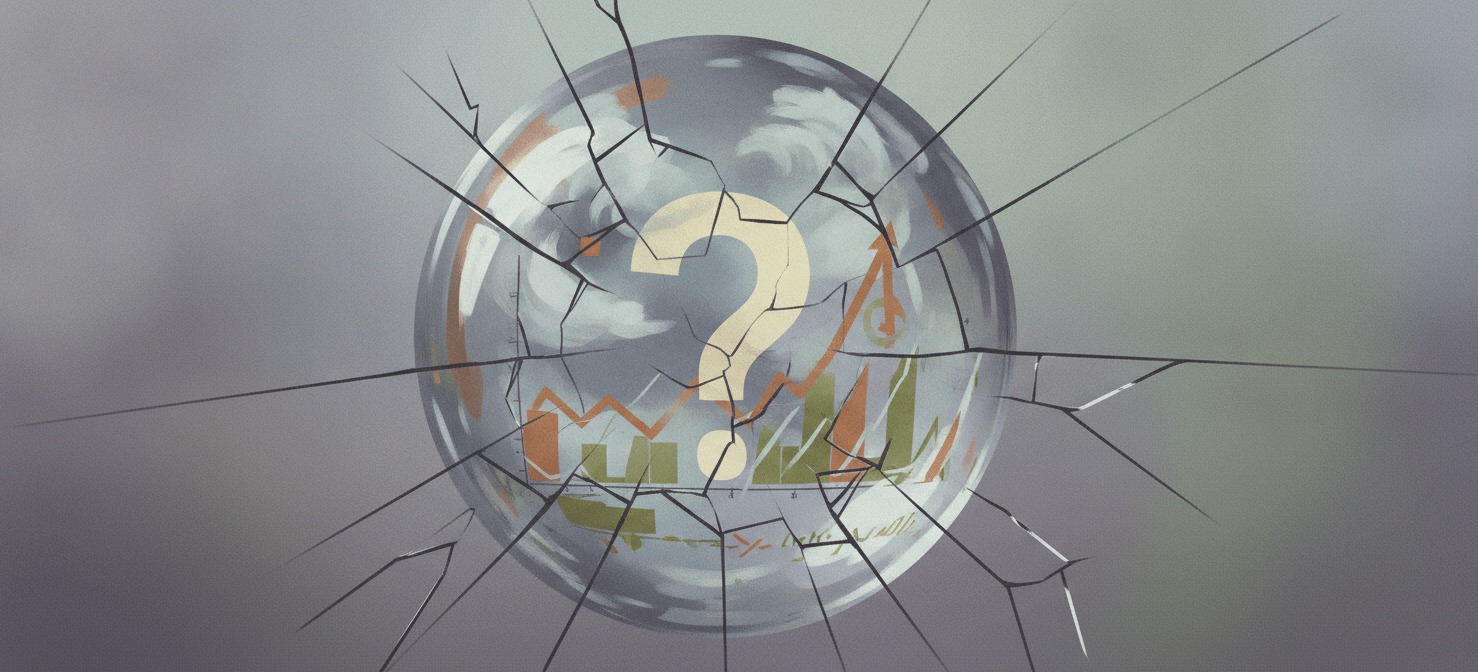 An abstract digital illustration depicting a cracked and distorted crystal ball, reflecting a chaotic and uncertain future with various cloud infrastructure icons and financial graphs. The image visually represents the inherent limitations of relying solely on historical data for accurate future predictions, especially concerning dynamic cloud usage and cost optimization strategies.