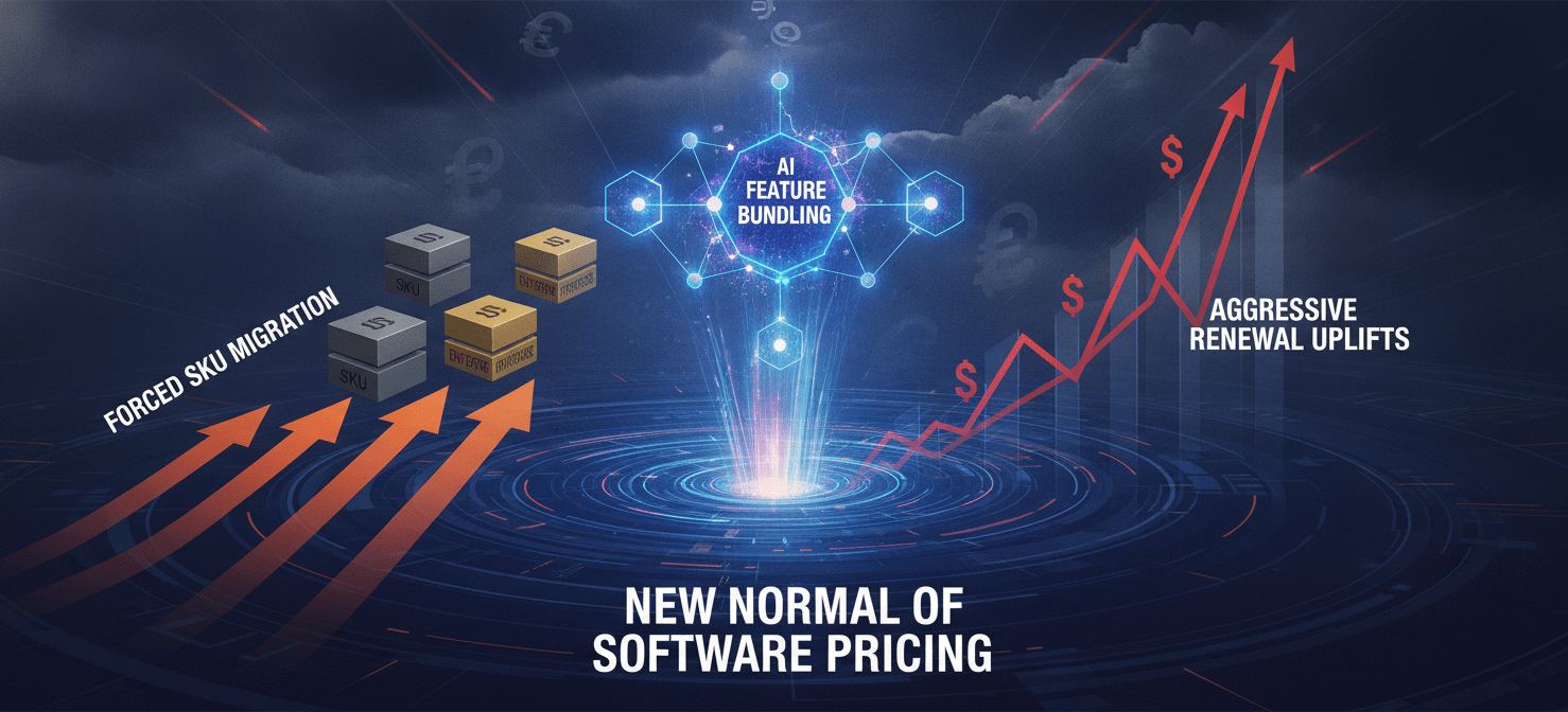 An abstract illustration depicting the 'new normal' of software pricing, where various market forces converge to drive up costs. Visual elements include glowing AI feature bundles, upward arrows indicating forced SKU migrations to higher tiers, and steep curves representing aggressive renewal price uplifts. This image conveys the increasing pressure on finance and procurement teams due to structural shifts in how software is priced and sold.