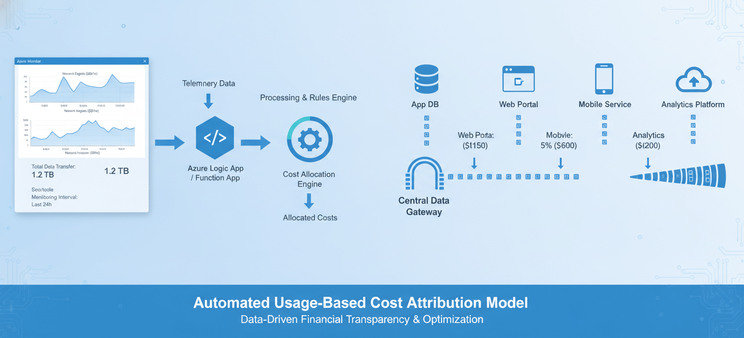 An advanced diagram showcasing a usage-based cost attribution model for Azure network gateways. It illustrates the flow from Azure Monitor metrics (like data transfer) through an automation layer to dynamically update cost allocation rules, providing highly accurate chargeback for FinOps teams.