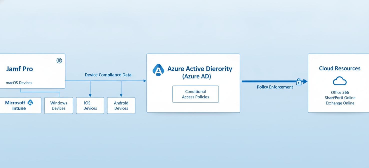 An architectural diagram illustrating a hybrid co-management model for endpoint security, where Jamf Pro manages macOS devices and Microsoft Intune manages other platforms. Both systems feed compliance data into Azure Active Directory, enabling unified Conditional Access policies for secure access to cloud resources.