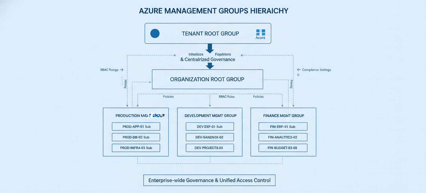 An architectural diagram illustrating the hierarchical structure of Azure Management Groups, showing how policies and access controls cascade from the tenant root down to individual subscriptions, enabling centralized governance and standardization across an enterprise's Azure estate.