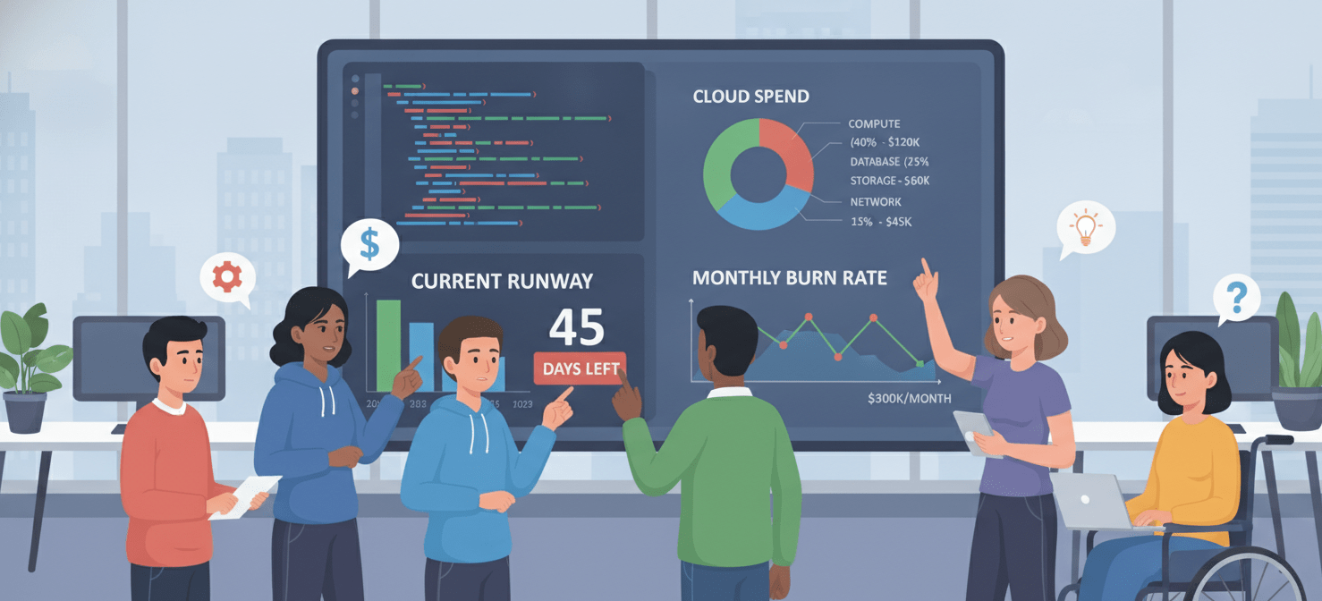 An engineering team collaboratively reviewing architecture and code while simultaneously monitoring real-time cost metrics. This illustrates the importance of fostering a cost-conscious engineering culture where financial impact is a key consideration in design and development decisions.