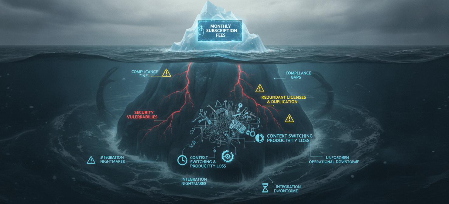 An iceberg diagram illustrating the hidden costs and risks of unmanaged SaaS adoption, with visible subscription fees as the tip and submerged dangers like redundant tools, productivity loss, and security vulnerabilities forming the bulk.