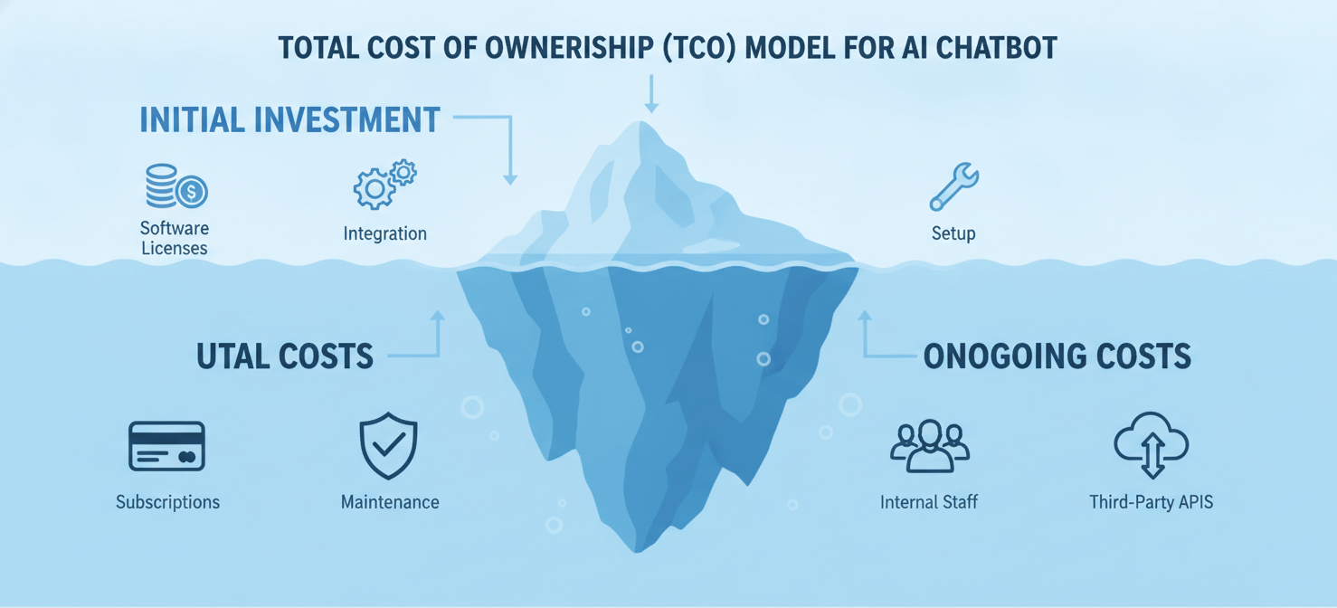 An iceberg diagram visually representing the Total Cost of Ownership (TCO) for an AI chatbot, with initial investment costs (licensing, implementation) as the visible tip and ongoing operational costs (subscriptions, maintenance, staffing) as the larger, submerged portion.