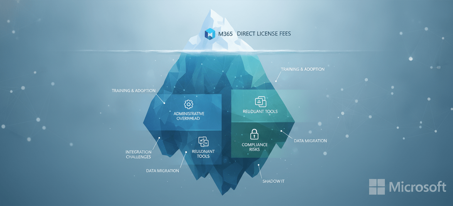 An iceberg illustration depicting the Total Cost of Ownership (TCO) for Microsoft 365 licenses, with direct subscription fees as the visible tip and larger hidden costs like administrative overhead and redundant tools submerged below the surface.