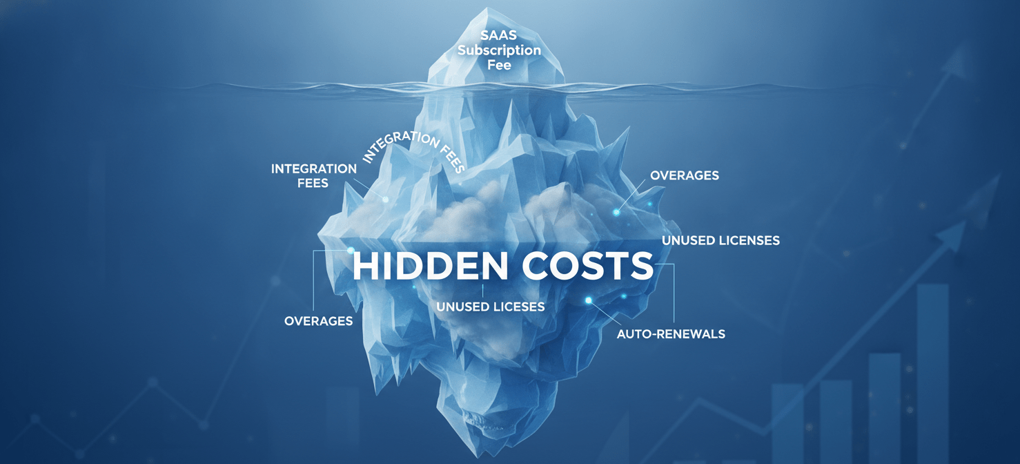 An iceberg illustration showing the visible SaaS subscription fee as a small tip, with a much larger, submerged portion representing hidden costs such as integration fees, overages, unused licenses, and auto-renewals, highlighting the true financial burden of unmanaged SaaS.