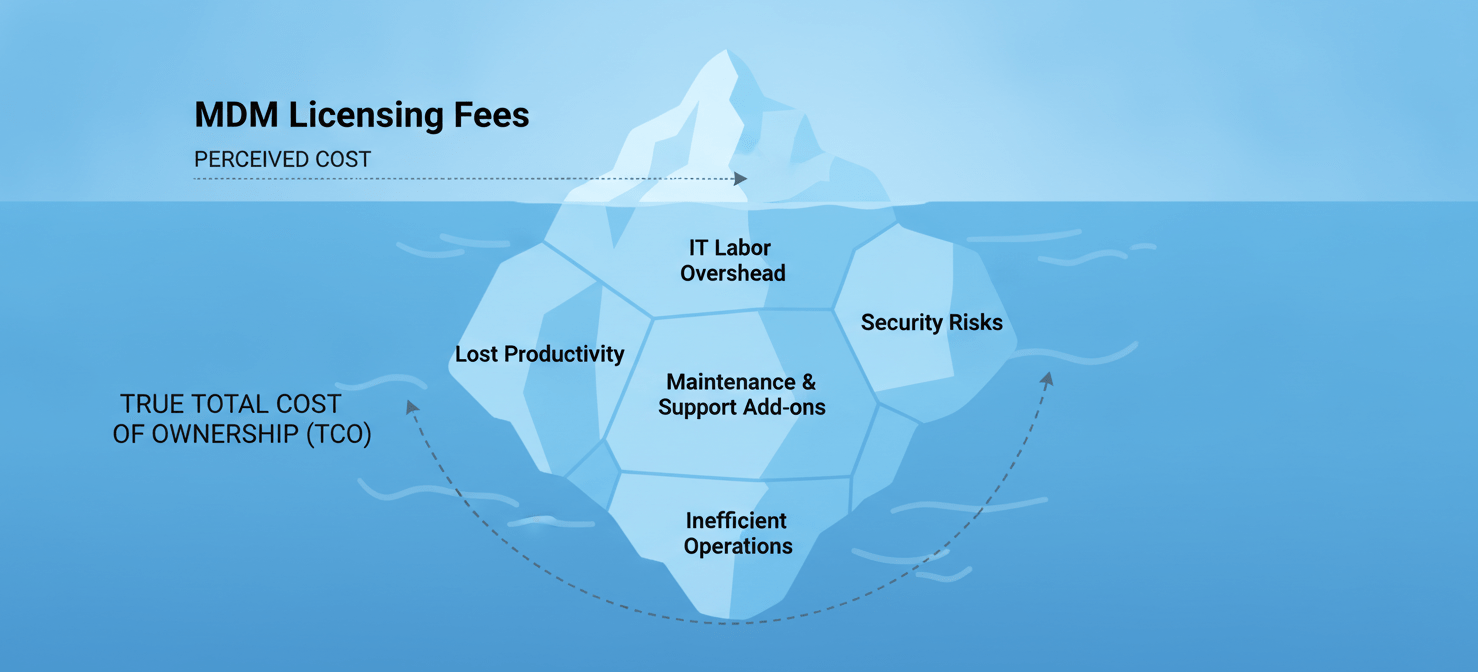 An iceberg illustration visually representing the total cost of ownership (TCO) for an MDM solution. The small visible tip shows direct licensing fees, while the much larger submerged portion highlights indirect costs such as IT labor, lost productivity, security risks, and maintenance add-ons, emphasizing that true expenses extend far beyond initial visible charges.