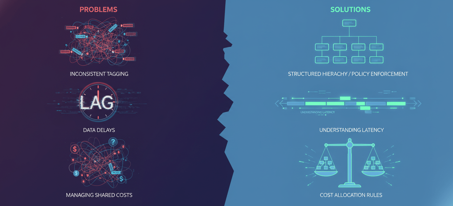 An illustration addressing common challenges in Azure cost management, such as inconsistent tagging, data delays, and managing shared costs, alongside visual representations of their solutions like policy enforcement, understanding latency, and cost allocation rules.