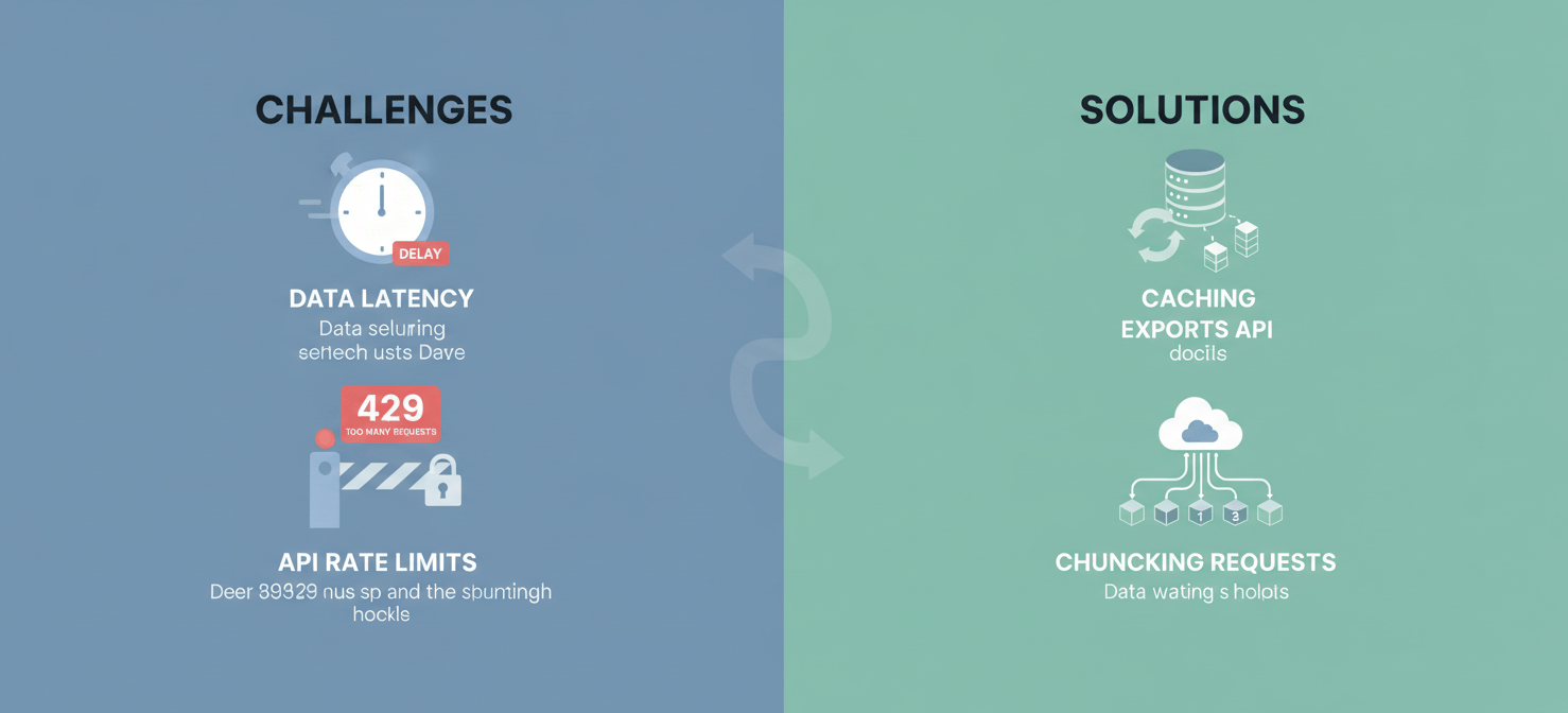 An illustration addressing common challenges with Azure Cost Management APIs, depicting data latency and API rate limits on one side, and their solutions such as data caching, utilizing the Exports API for large datasets, and chunking requests on the other.