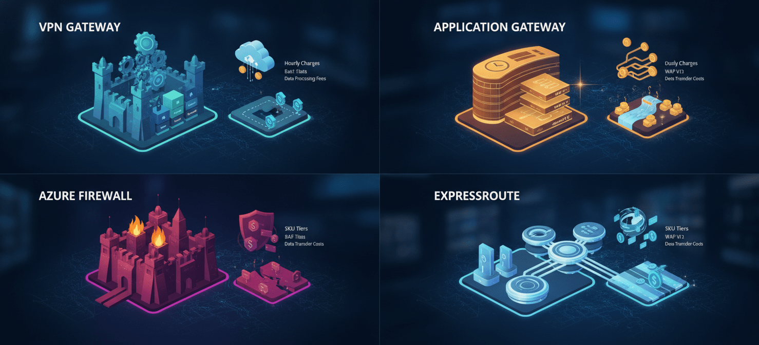 An illustration breaking down the distinct pricing models for Azure's key networking gateways. It visually separates VPN Gateway, Application Gateway, Azure Firewall, and ExpressRoute, detailing how each is billed through hourly charges, data processing fees, and SKU variations, helping users understand the cost components.