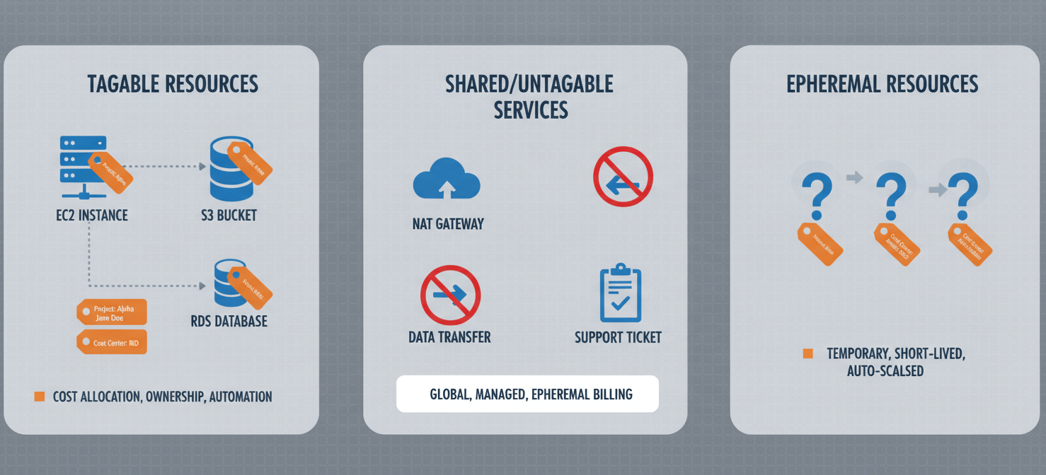 An illustration categorizing AWS resources. On one side, instances and storage are clearly tagged. On the other, shared services like NAT Gateways, data transfer, and support are shown without tagging capabilities, highlighting why certain AWS resources are untaggable.