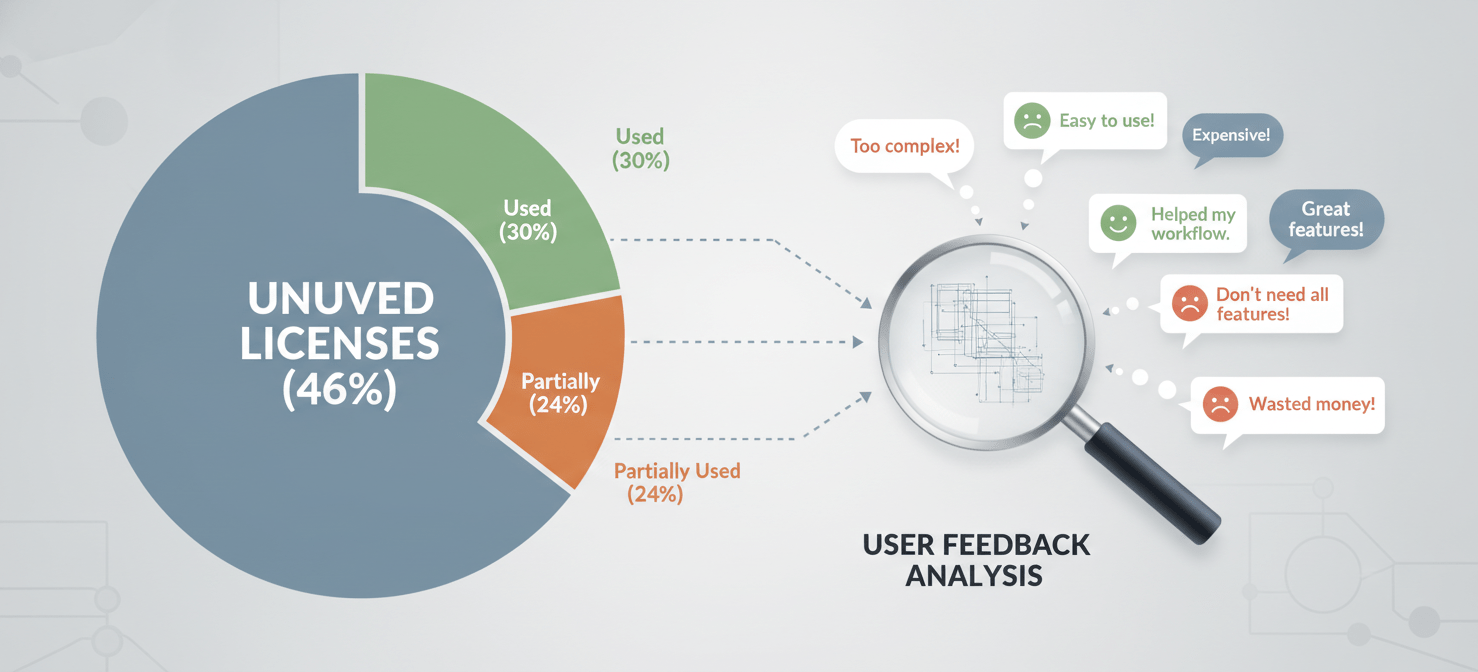 An illustration combining data visualization with qualitative feedback, showing a prominent graph indicating a high percentage of unused SaaS licenses, alongside speech bubbles representing diverse user opinions and pain points. This image emphasizes the critical process of analyzing both quantitative usage data and qualitative stakeholder feedback to assess the true value and utilization of SaaS applications.