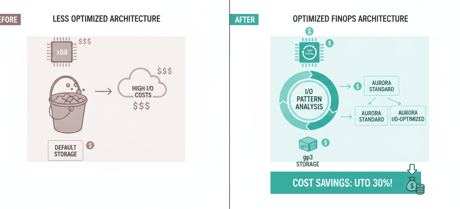 An illustration comparing architectural decisions for AWS Aurora that impact costs. It highlights the benefits of migrating to Graviton-based instances, strategically choosing between Aurora Standard and I/O-Optimized storage based on workload I/O patterns, and utilizing gp3 volumes for optimized storage performance and cost efficiency.