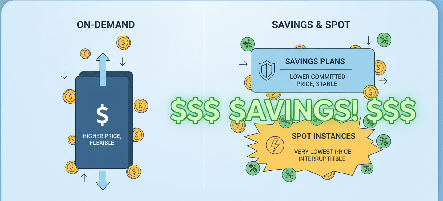 An illustration comparing AWS pricing models, showing On-Demand as standard cost, Savings Plans offering significant discounts for committed usage, and Spot Instances providing deep savings for fault-tolerant workloads. This visualizes strategies for reducing AWS cloud cost by selecting optimal pricing.