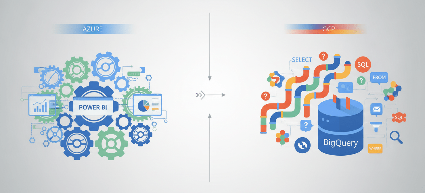 An illustration comparing Azure and Google Cloud Platform (GCP) cost reporting. The Azure side depicts integrated dashboards and enterprise tools, while the GCP side shows a data pipeline flowing into a BigQuery database, symbolizing its powerful data analysis capabilities. It highlights their distinct approaches to cost management.