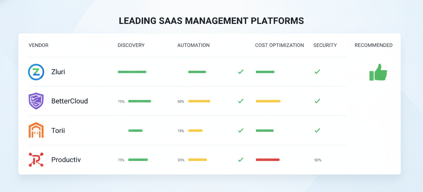 An illustration comparing leading best saas management software vendors like Zluri, BetterCloud, Torii, and Productiv, highlighting their strengths in discovery, automation, cost optimization, and security features to help organizations choose the right solution for tackling shadow IT.