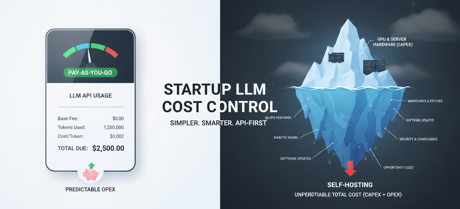 An illustration comparing the financial tradeoffs of LLM API usage versus self-hosting for startups. The API model is shown as a transparent, predictable usage-based bill. In contrast, self-hosting is represented by an iceberg, with visible infrastructure costs above the water and significant hidden costs like MLOps personnel, maintenance, and opportunity cost submerged below, highlighting the often underestimated total cost of ownership for early-stage companies aiming for startup LLM cost control.
