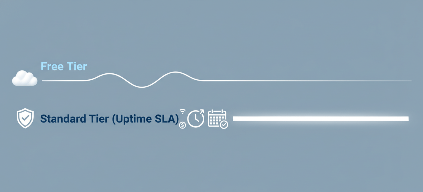 An illustration comparing the free tier of AKS management with the Standard tier Uptime SLA, showing the free tier as less stable and the Standard tier as robust and reliable with a cost associated for guaranteed availability.