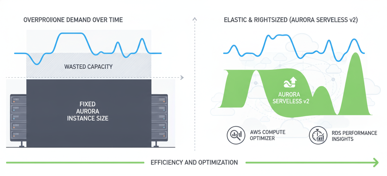 An illustration contrasting overprovisioned AWS Aurora instances with rightsized, elastic capacity. It visually represents a fluctuating workload demand being efficiently met by dynamically scaled resources (like Aurora Serverless v2) or precisely adjusted provisioned instances, highlighting the role of tools like AWS Compute Optimizer in preventing wasted spend.