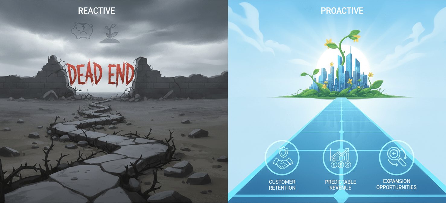 An illustration contrasting reactive and proactive SaaS renewal strategies, with the proactive path showing clear benefits like customer retention, predictable revenue, and opportunities for expansion, leading to sustainable business growth.