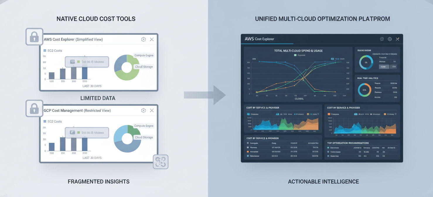 An illustration contrasting the limited views of native cloud provider cost tools with a comprehensive, multi-cloud monitoring platform that offers deep cloud cost visibility by integrating and correlating data across all environments.