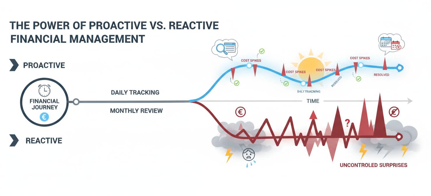 An illustration contrasting two financial timelines: one smooth with minor, quickly resolved cost fluctuations representing daily tracking, and another jagged with large, uncontrolled spikes representing monthly cost reviews. It highlights how daily monitoring prevents significant budget overruns.