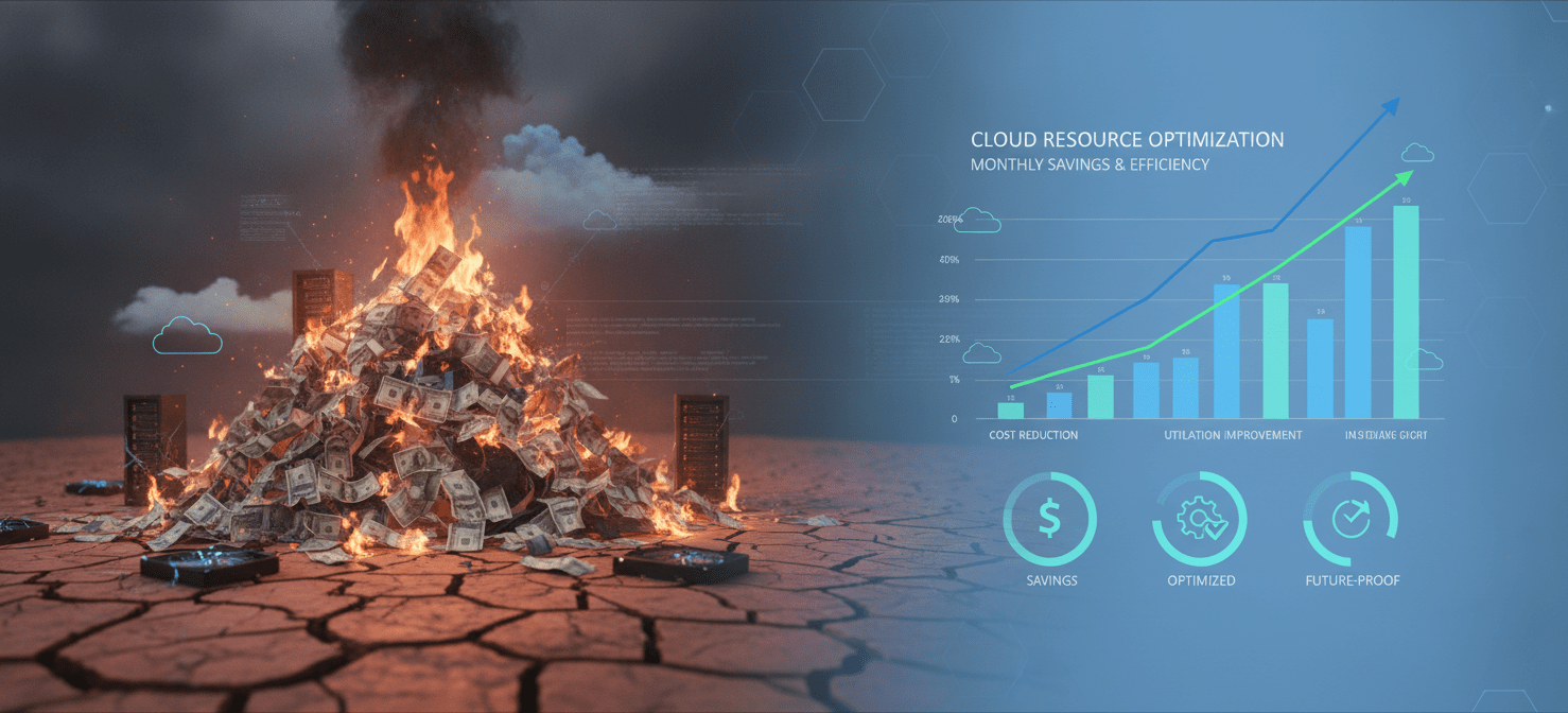 An illustration contrasting wasted cloud spend due to unmonitored reservations with significant savings achieved through proactive tracking and optimization of Azure resources.