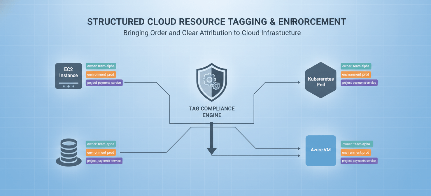 An illustration demonstrating a consistent tagging strategy, where cloud resources like VMs and storage buckets are clearly labeled with standardized tags for owner, environment, and project, enabling accurate cost allocation.