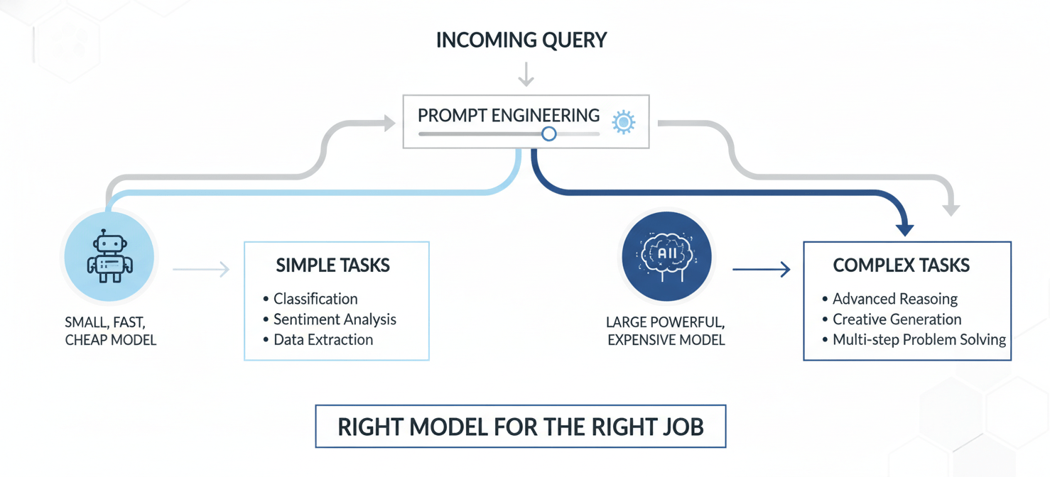 An illustration demonstrating a strategic model routing approach for LLM applications. It shows incoming queries being directed to either a smaller, cheaper model for simple tasks or a larger, more powerful model for complex tasks, highlighting the importance of matching model capabilities to specific needs. The visual also subtly suggests prompt engineering as a key lever for optimizing both cost and performance.