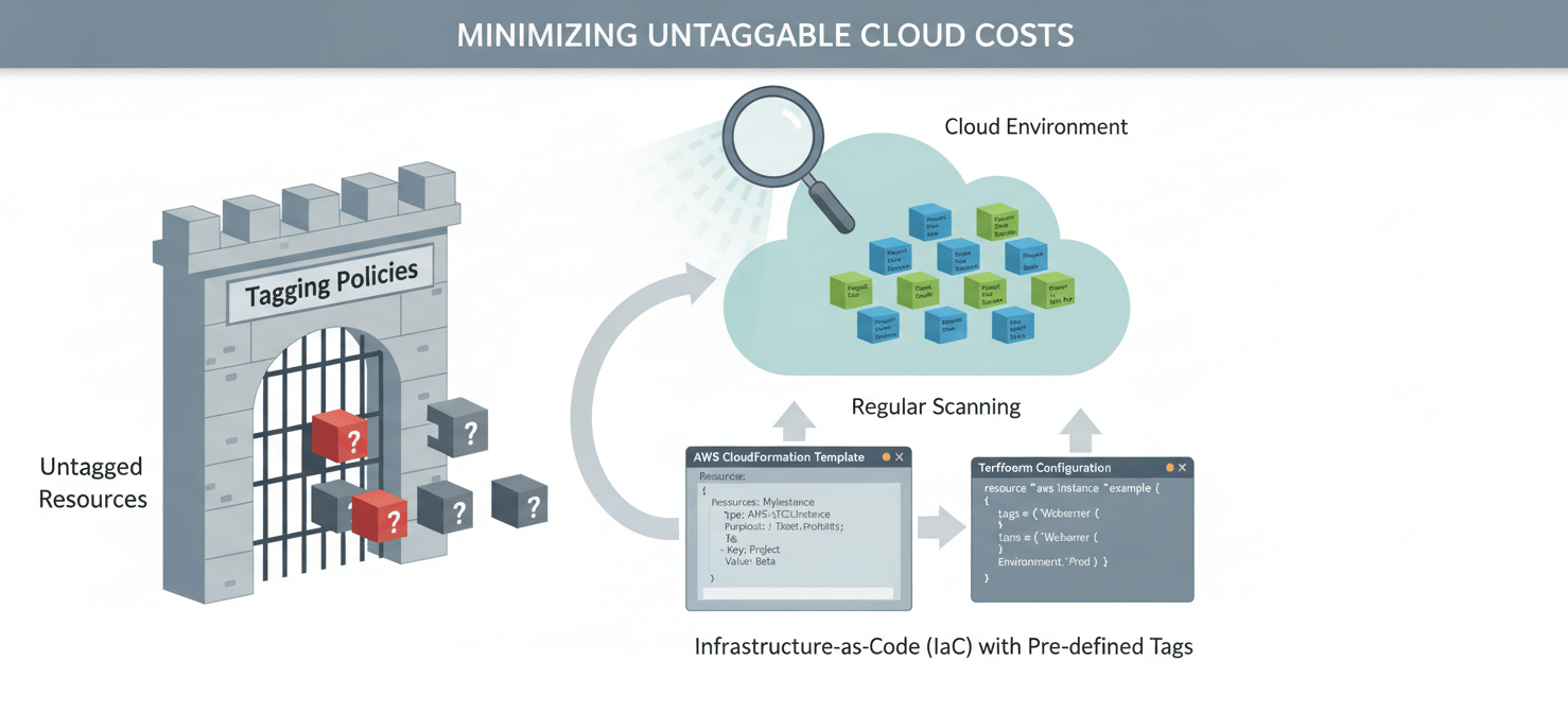 An illustration demonstrating best practices for minimizing untaggable costs, including enforcing tagging policies with a shield icon, regularly reviewing untagged resources with a magnifying glass, and automating tagging through Infrastructure as Code (IaC) tools.