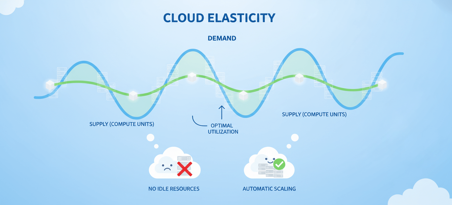 An illustration demonstrating cloud elasticity, where compute resources dynamically scale up and down to precisely match fluctuating demand, ensuring optimal utilization and eliminating payment for idle capacity. This visualizes efficient resource allocation.