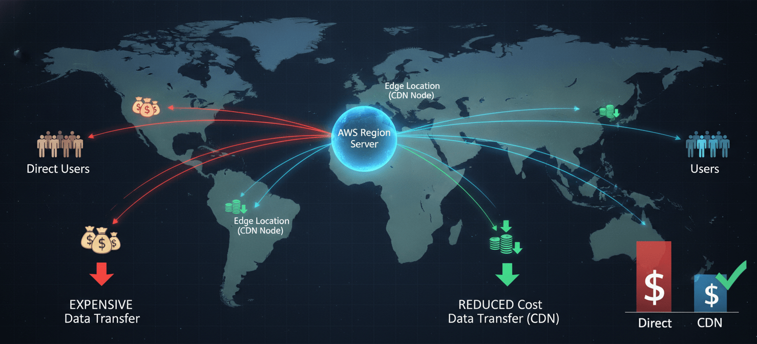 An illustration demonstrating how a Content Delivery Network (CDN) like Amazon CloudFront reduces data transfer costs by serving content from edge locations closer to users, minimizing outbound data from the main AWS region.