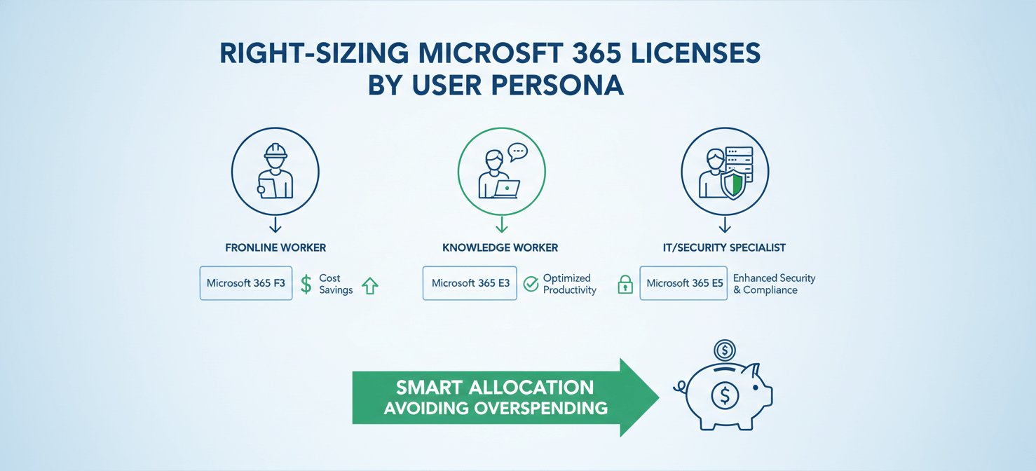 An illustration demonstrating how to right-size Microsoft 365 licenses by matching them to specific user personas, such as frontline workers, knowledge workers, and IT staff. It visually represents assigning appropriate license tiers (e.g., F3, E3, E5) to optimize costs and ensure users have only the features they need.