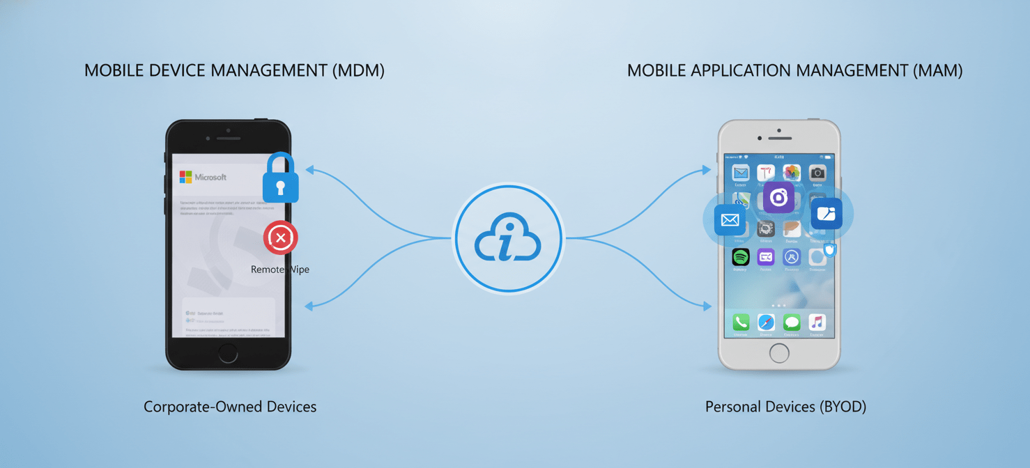 An illustration demonstrating Microsoft Intune's capabilities, distinguishing between Mobile Device Management (MDM) for corporate-owned devices, showing full control over an iPhone, and Mobile Application Management (MAM) for personal devices, highlighting secure management of corporate data within specific applications on a user's phone.